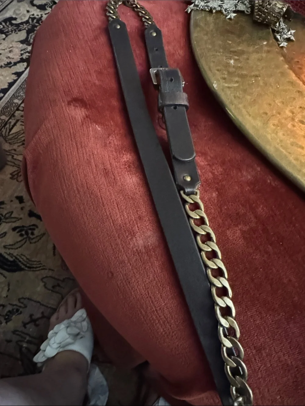 Talbots Black Leather Belt with Gold Chain Accent